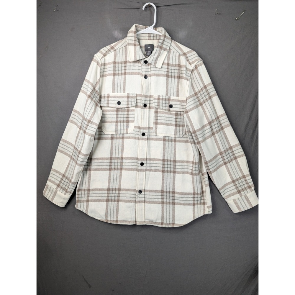 H&M Mens Plaid Flannel Shacket Cream Brown Button Up Shirt Large 8114
